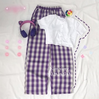 Set áo croptop gài nút + quần caro kẻ sọc ống suông đủ màu / quần plaid pants