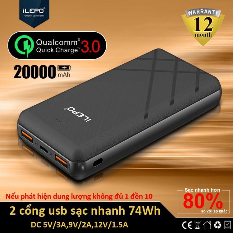 Pin Sạc Dự Phòng Quick charge Dung Lượng KHỦNG 20000mAh Tích Hợp 2 Đầu Sạc Vào Micro USB Và Type C .Sạc Nhanh