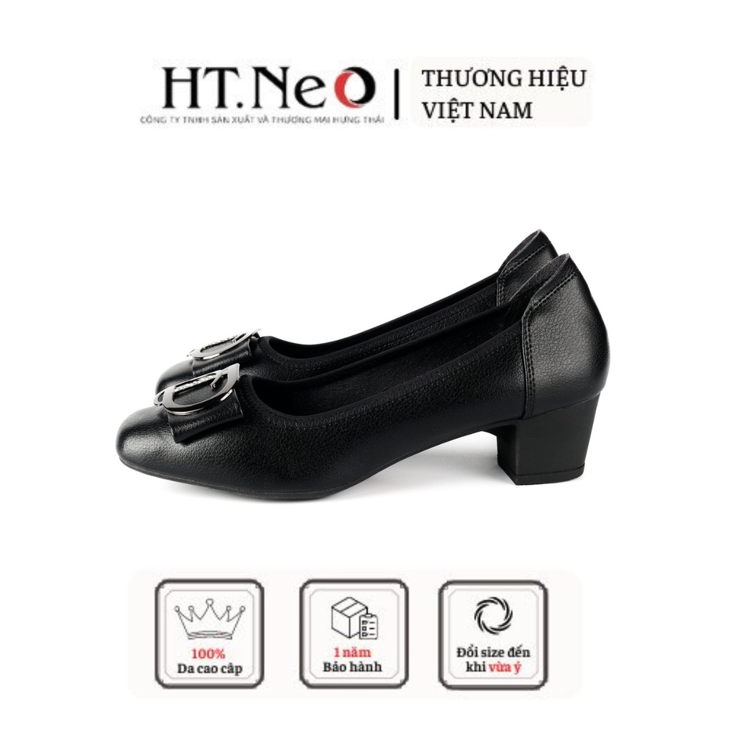 Giày cao gót HT.NEO mũi vuông gót vuông cao 5cm, quai da đính khuy cực xinh CS256