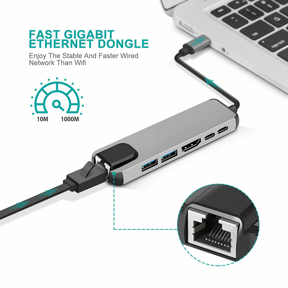 JUNE 6 in 1 Aluminum Alloy USB 3.1 Type-C Hub Docking Station USB-C Expander 4K HDMI Data Transfer High Speed PD Charging Multi-port Adapter RJ45 Gigabit Ethernet