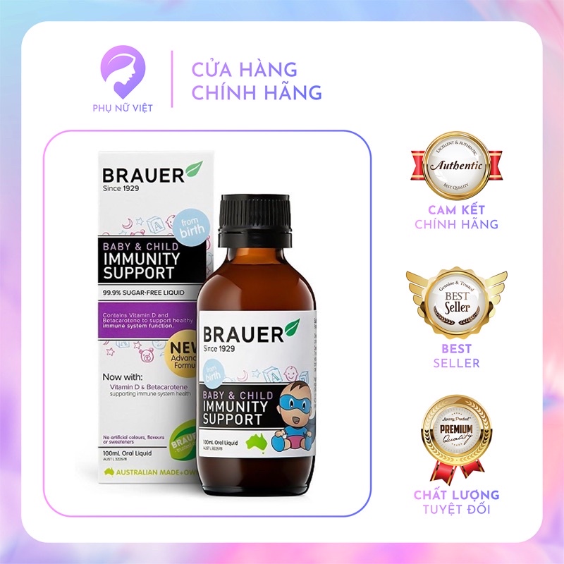 (Tem chemist) Tăng sức đề kháng - Brauer Immunity Support hỗ trợ Tăng cường Hệ miễn dịch dạng siro 100ML(Date T5/22)