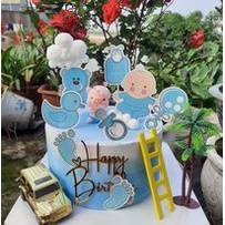 Phụ kiện trang trí bánh sinh nhật, bánh kem - Set thẻ cắm giấy khủng long, em bé