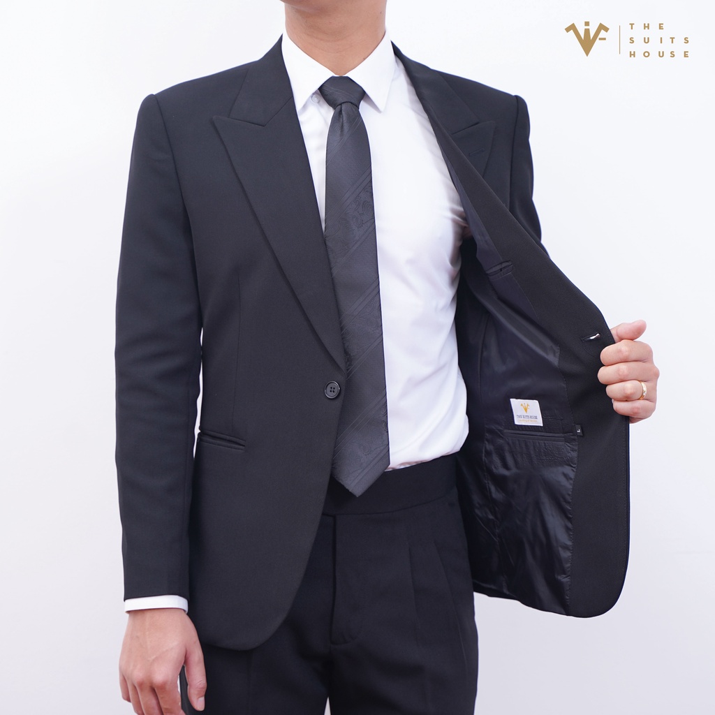 Bộ vest nam đen 1 khuy áo suits blazer quần âu crop gấu, form ôm, satorial, vải WOOL - The Suits House