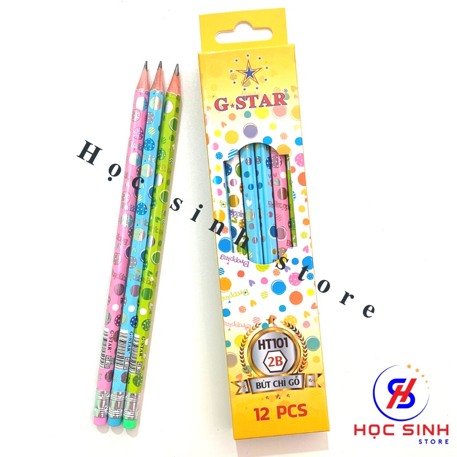 Hộp bút chì gỗ 2B 12 cây GSTAR HT-101 chất liệu cao cấp có đầu gôm