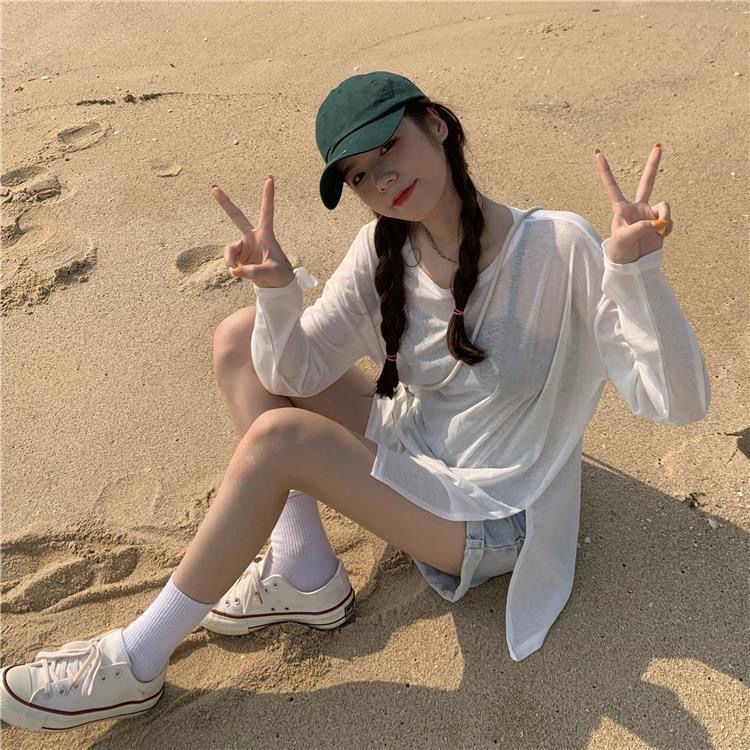 Áo Thun Tay Dài Màu Trắng Dáng Rộng Thiết Kế Xẻ Tà Thời Trang Mùa Hè Cho Nữ