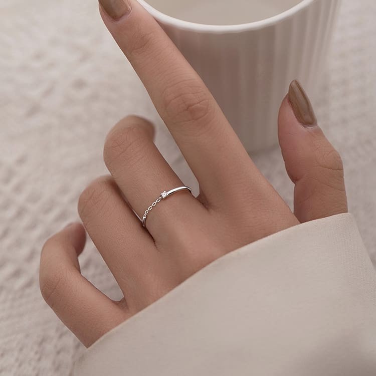 Nhẫn bạc nhẫn nữ bạc s925 dây xích cách điệu 1 đầu đính đá cá tính Cá jewelry