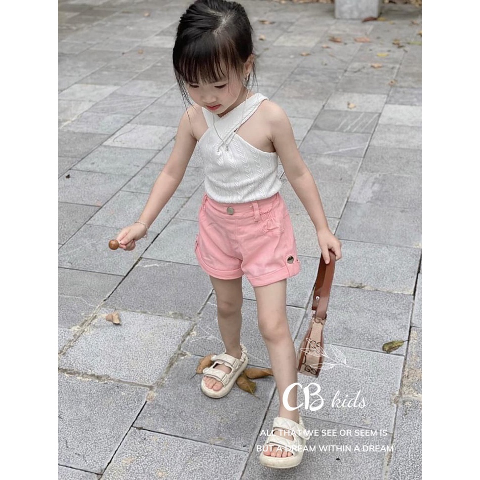 Quần áo bé gái, set bộ áo len hoa vân nổi xoắn ngực phối quần short kaki giặt mềm cho bé size 10-30kg