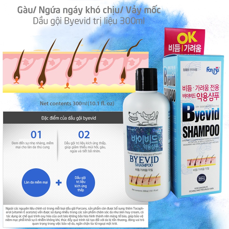 Sữa tắm chó mèo viêm da nấm Byevid 300ml forcans, dầu gội chăm sóc lông thú cưng Con Mèo Xiêm