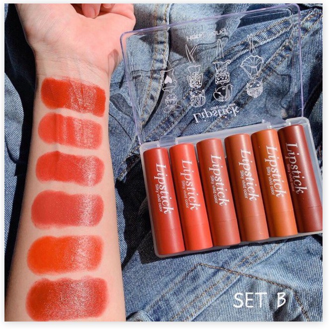 [Mã giảm giá] 🌈🥑🍑 Set 6 Cây Son Sáp Siêu Lì Và Mịn Môi Lipstick  N0.H134 Silky Vivid Color Hengfang Cute Hột Me-W65-D