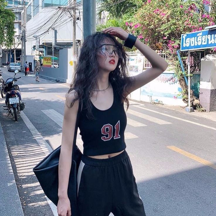 Áo 2 dây cotton in chữ ôm dáng phong cách Hàn Quốc thời trang xuân hè phong cách thể thao