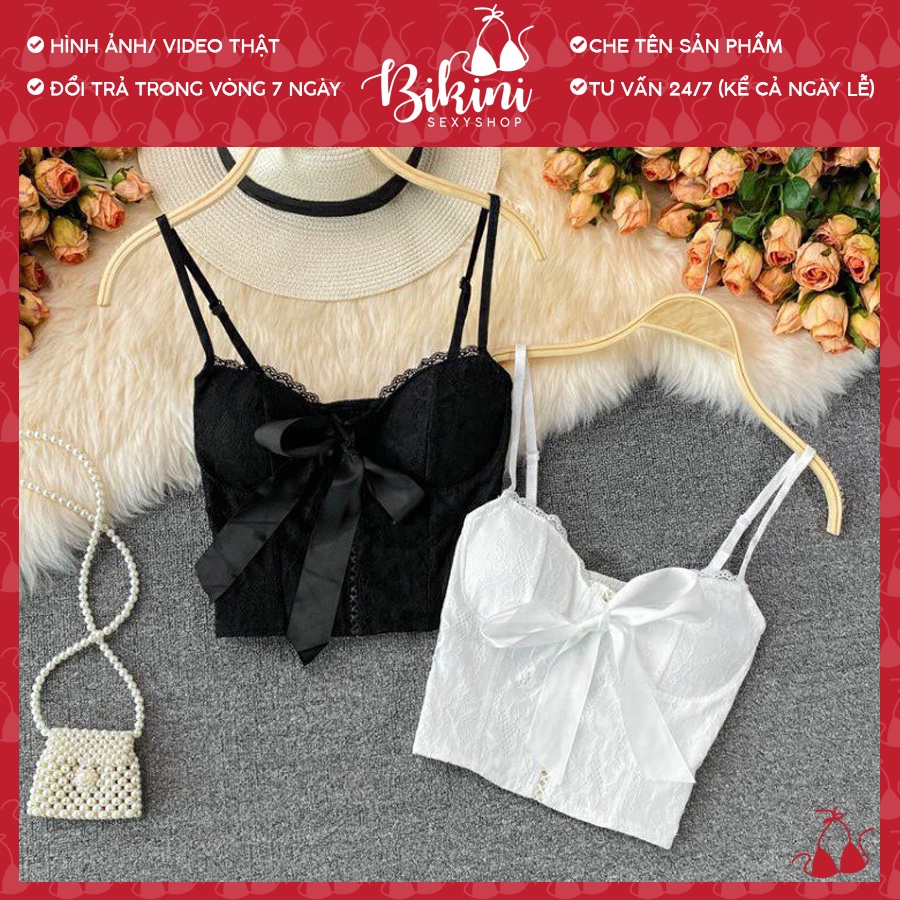 👙❣️ Áo 2 dây ren nữ đính nơ tiểu thư chun lưng - Áo bra ren nữ 2 dây Bra032
