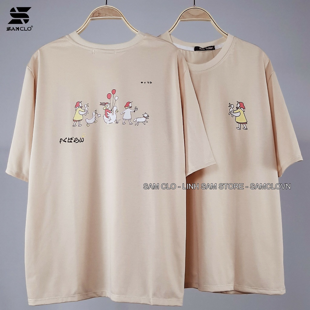 Áo thun tay lỡ nữ freesize phông form rộng Unisex, mặc cặp, nhóm, lớp in hình CÔ GÁI ÔM CON VỊT màu nude sữa