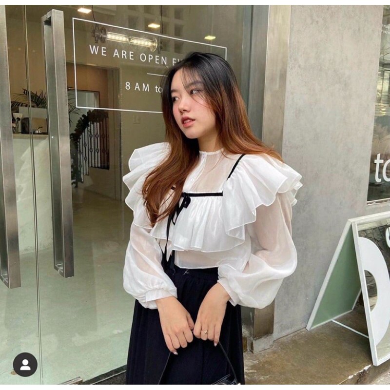 Áo croptop satin trắng viền bèo tay dài phồng thắt nơ đen