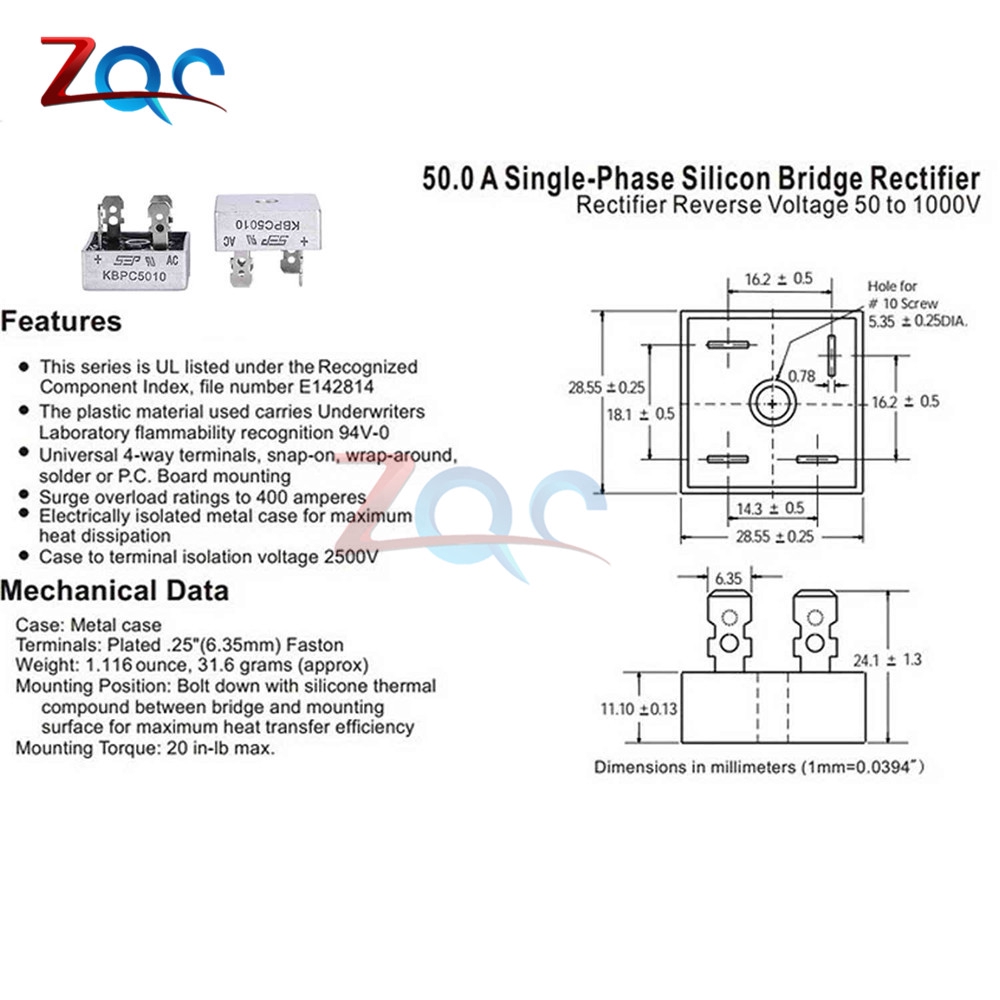 Set 2 bộ chỉnh lưu điốt cầu 1 pha bằng kim loại AC KBPC5010 50A 1000V