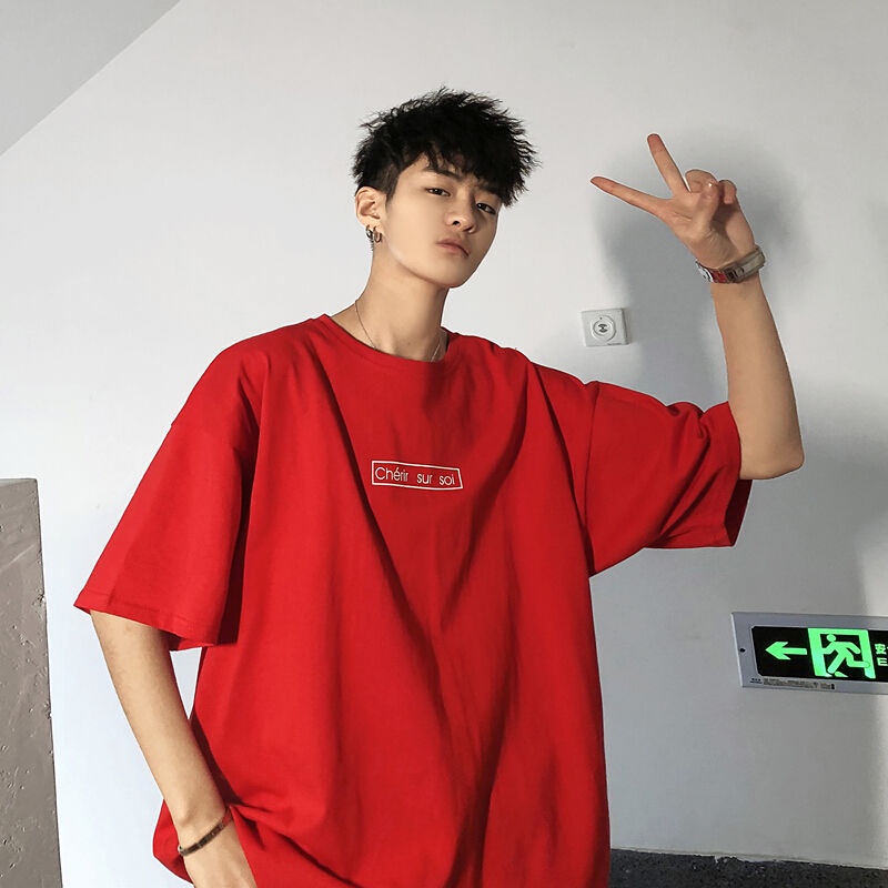 Áo thun ngắn tay cổ tròn dáng rộng in hình phong cách hiphop hàn quốc dành cho nam