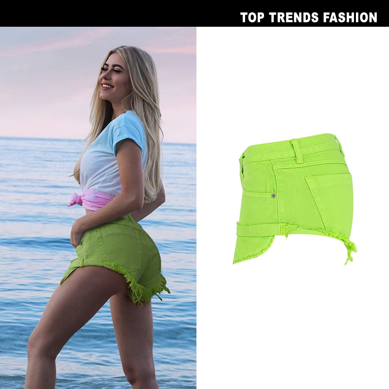 DUNEA Quần đùi denim lưng thấp không co giãn thiết kế viền cuộn gợi cảm cho nữ