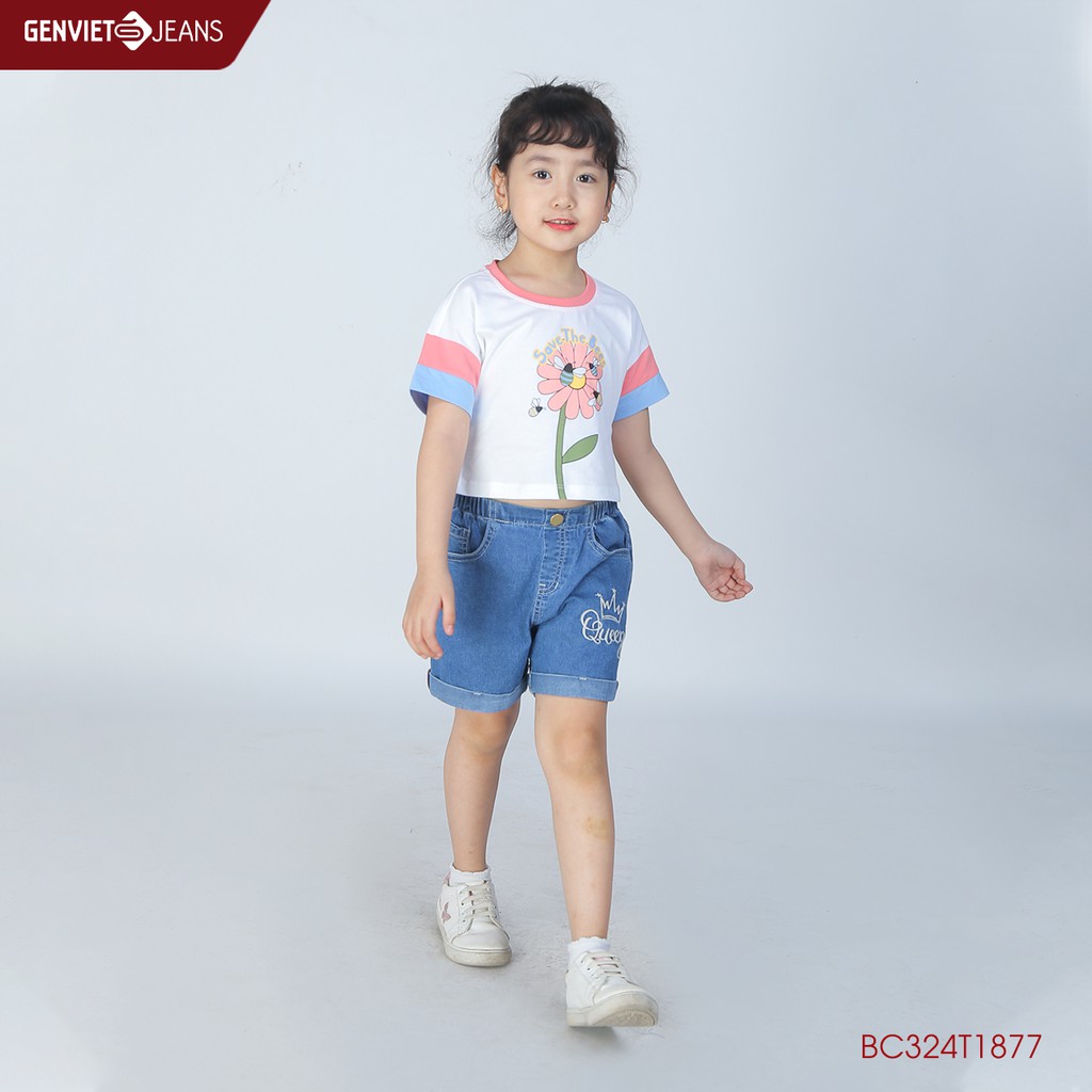 Áo thun hoa cúc cộc tay bé gái GENVIET KID BC324T1877