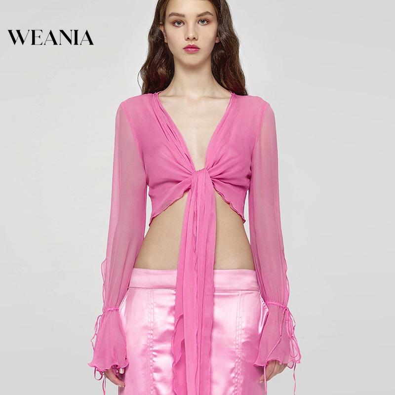 Áo Voan Dài Tay Cổ Chữ V Xinh Xắn Dành Cho Nữ