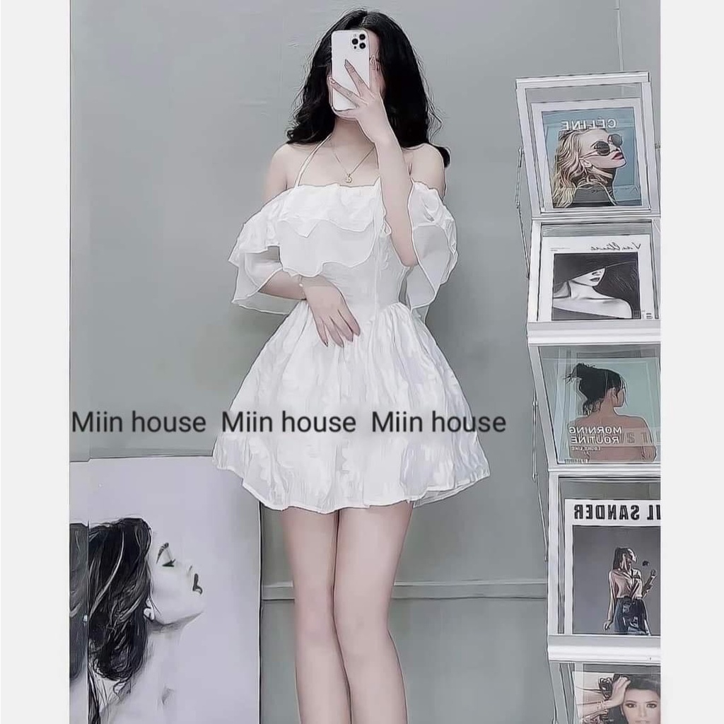 Đầm trễ vai phối bèo 2 tầng có dây cột vai xinh xắn - Uri Dress