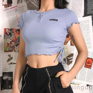 Áo Croptop Phối Dây Rút Và Khuy Màu Trơn Thiết Kế Đơn Giản
