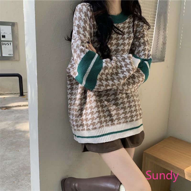 Áo Sweater Dệt Kim Tay Dài Dáng Rộng Kiểu Vintage Phương Tây Thời Trang Mùa Thu Cho Nữ