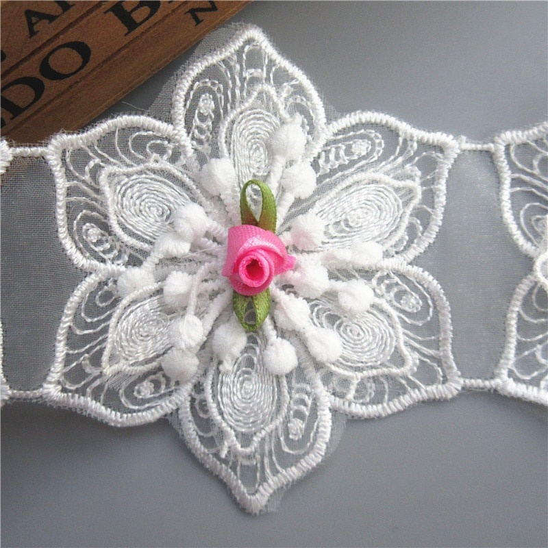 Cuộn Dây Ruy Băng Vải Ren Cotton Rộng 8cm Thêu Hoa Lục Giác 3D Dài 1 Yard Dùng May Trang Phục Thủ Công