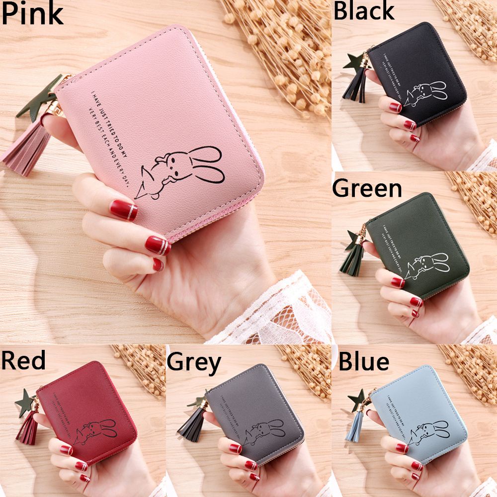 Ví mini ngắn có khóa kéo họa tiết thỏ đơn giản phối tua rua thời trang phong cách Hàn Quốc