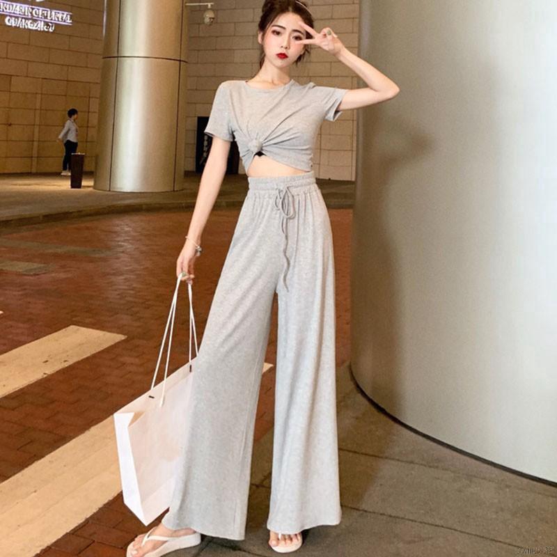 Áo lửng + quần ống rộng lưng cao phong cách Hàn Quốc cho nữ