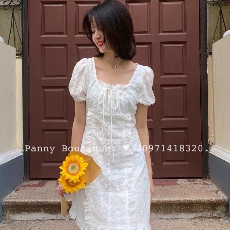 (Hàng sẵn có ảnh thật) Đầm Váy thô trắng thêu hoa dập nổi nhún bèo 🌼, style ulzzang Hàn Quốc 🌻 Panny Boutique 🌻