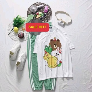 Sét Bộ Quần Áo Nữ Mặc Mùa Hè, Mặc Ở Nhà, Áo Phông Cotton Mát Mịn In Thú 3D Kèm Quần Thun Sọc Bo Gấu Phong Cách Hàn Quốc
