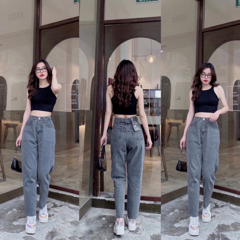 Quần Jean Nữ Aiori Fashion Baggy Lưng Cao Trơn Màu Xám Jean Bò Cạp Cao Lai Tua Phong Cách Thời Trang Hàn Quốc_Mã 080
