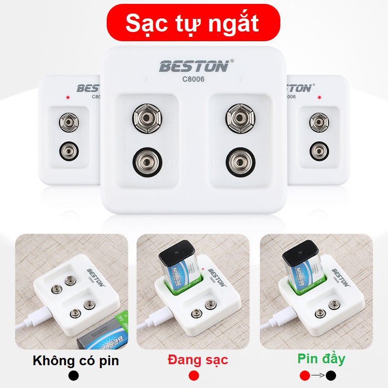 Bộ 2 Pin sạc 9V 250mAh kèm sạc hãng BESTON Pin sạc vuông 9V Ni-Mh Chuyên Mic karaoke  | Bảo hành 1 tháng Tặng kèm hộp