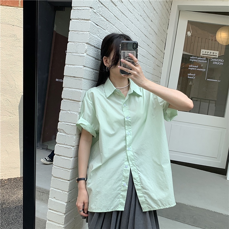 SUXI Áo Sơ Mi Tay Ngắn Dáng Rộng Màu Trơn Phong Cách Retro Hàn Quốc Cho Nữ