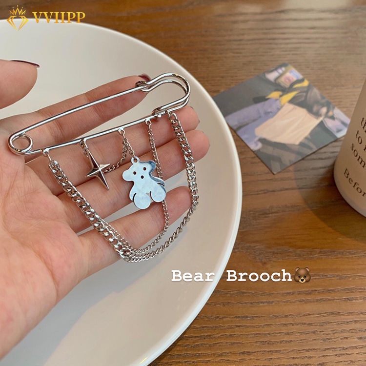 Ghim Cài Áo Dây Xích Mạ Bạc Hình Gấu Dễ Thương Cho Nữ