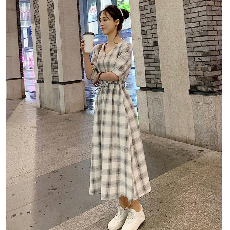 Đầm Dài Qua Gối Họa Tiết Caro Thời Trang Thu Hè Thông Minh Phong Cách Pháp Cho Nữ