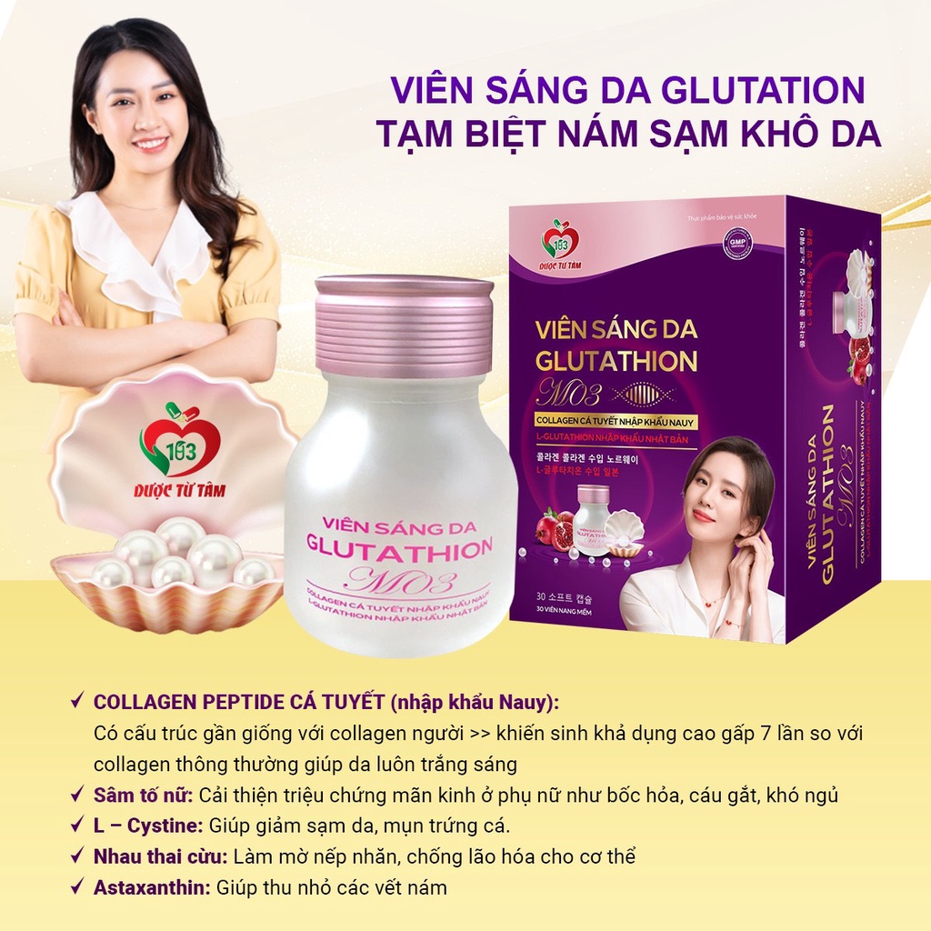 Viên uống sáng da Glutathion M03 hỗ trợ dưỡng da làm đẹp da giảm khô da nhăn da sạm da Hộp 30 viên