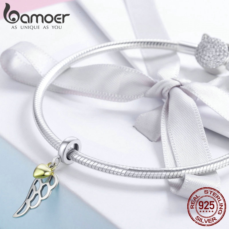 Hạt Charm Bamoer SCC838 Hình Cánh Lông Vũ Màu Vàng Đồng Dùng Để Làm Vòng Tay Và Dây Chuyền Bằng Bạc 925 Thật