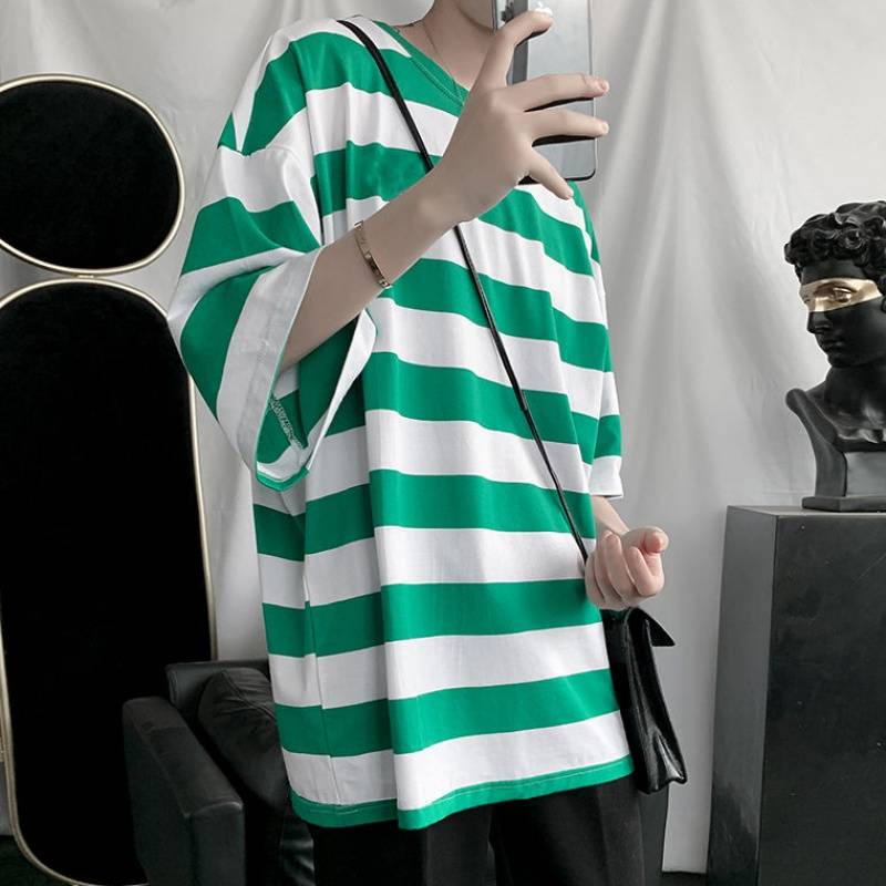 Áo thun cổ tròn dáng rộng kẻ sọc ngang trẻ trung phong cách Nhật Bản dành cho nam size S-3XL | BigBuy360 - bigbuy360.vn