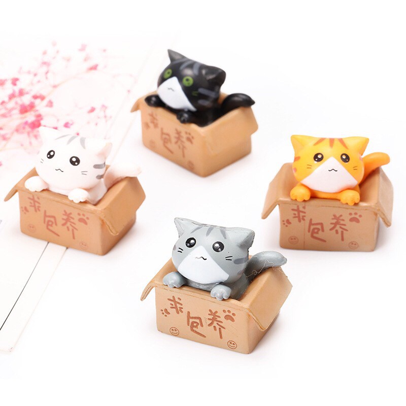 Tiểu cảnh mèo ngồi hộp trang trí sen đá, xương rồng, terrarium, charm slime, cây cảnh mini, cây để bàn, đồ trang trí