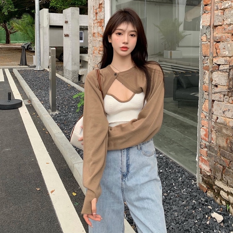 Set áo hai dây và áo choàng ZHELIHANGFEI dệt kim tay dài thiết kế độc đáo