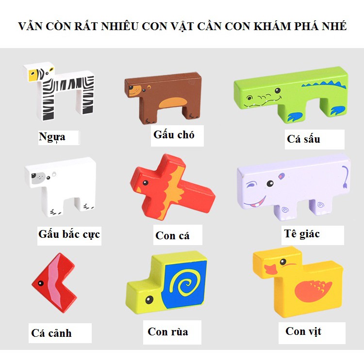 Đồ Chơi Ghép Hình Con Vật Sáng Tạo, Tangram Xếp Chồng Con Vật Bằng Gỗ Cho Bé Học Màu Sắc, Rèn Vận Tập trung