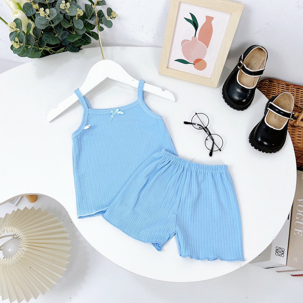 Bộ quần áo bé gái, Set bộ áo hai dây và quần short sọc tăm chất thun cotton cho bé từ 7 đến 18 kg, SUN KID'S