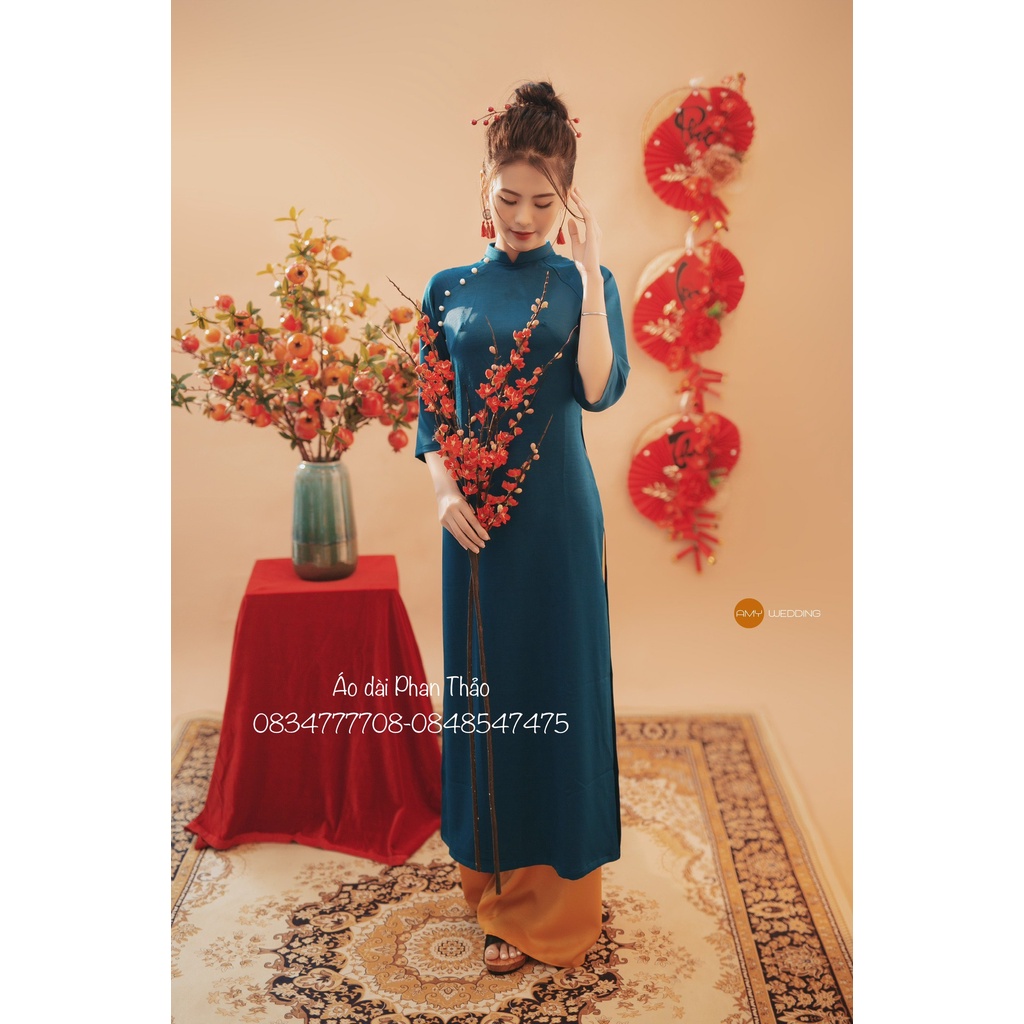 áo cách tân cao cấp _áo dài lụa hàn châu sang trọng thanh nhã_màu xanh két siêu xinh