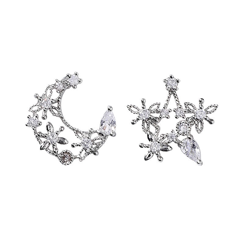 【Jewelry Time】925 Silver Needle Korean Ins Hollow Star Moon Earrings Rhinestone Flower Ear Studs