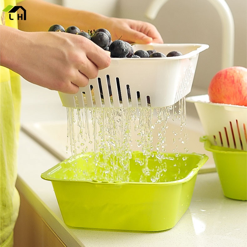Combo Rổ Thau 2 Món Chậu Ráo Nước Hai Lớp Cao Cấp Tiện Lợi, Rổ Đựng Rau, Hoa Quả bằng nhựa（LO52）