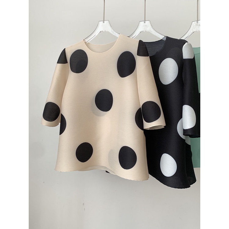Áo Thun Cổ Tròn Tay Lửng Dáng Rộng Họa Tiết Chấm Bi Phong Cách Nhật Bản Thời Trang Mùa Hè 2022 Cho Nữ