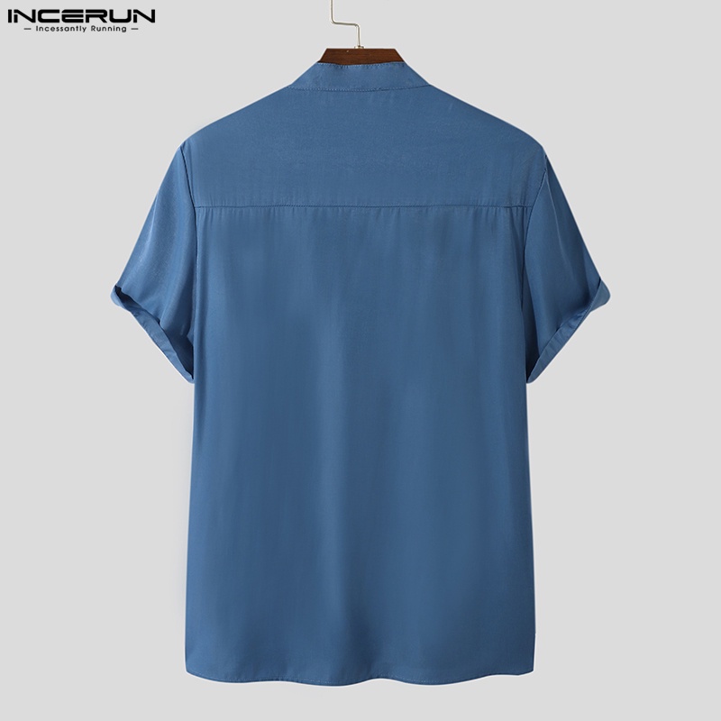 INCERUN Áo Sơ Mi Tay Ngắn Màu Trơn Phối Nút Thiết Kế Độc Đáo Thời Trang Cho Nam