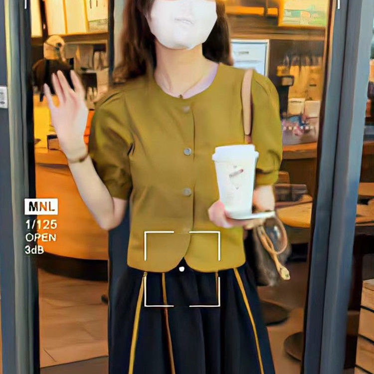 AMOI Bộ Áo Tay Phồng Ngắn + Chân Váy Phong Cách Pháp Thời Trang 2022 Cho Nữ