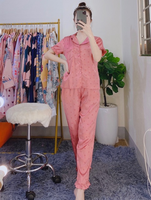 Bộ Pijama Lụa Gấm Bi Viền Bèo | BigBuy360 - bigbuy360.vn