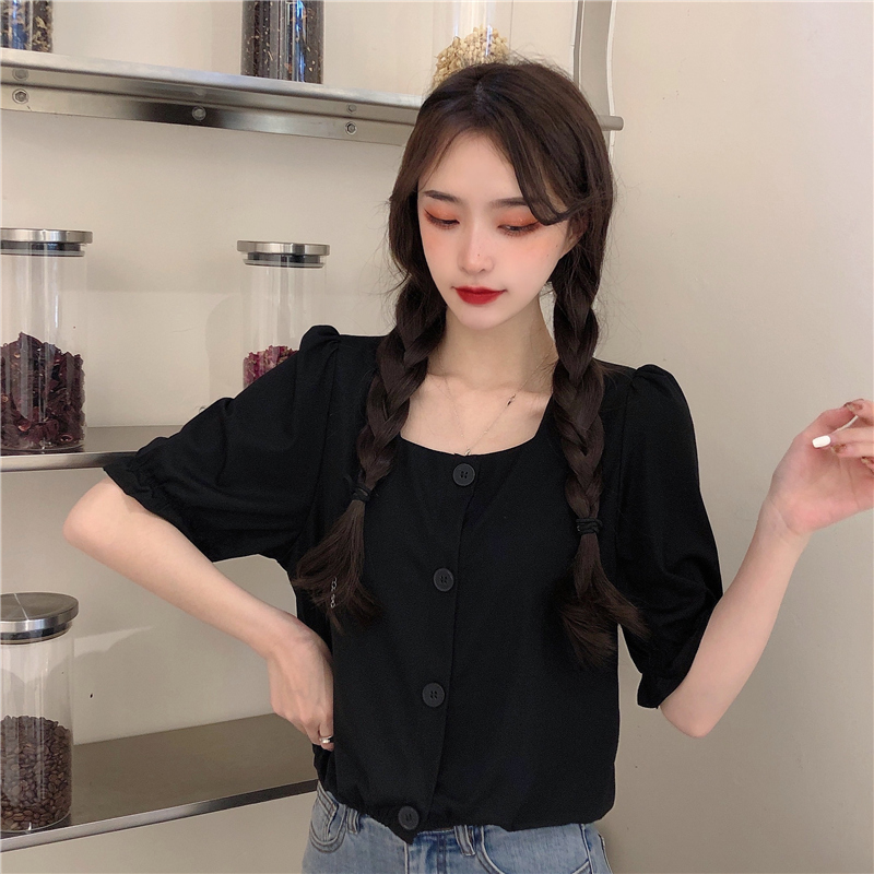 SUXI Áo tay ngắn cổ vuông thời trang Pháp đáng yêu cho nữ